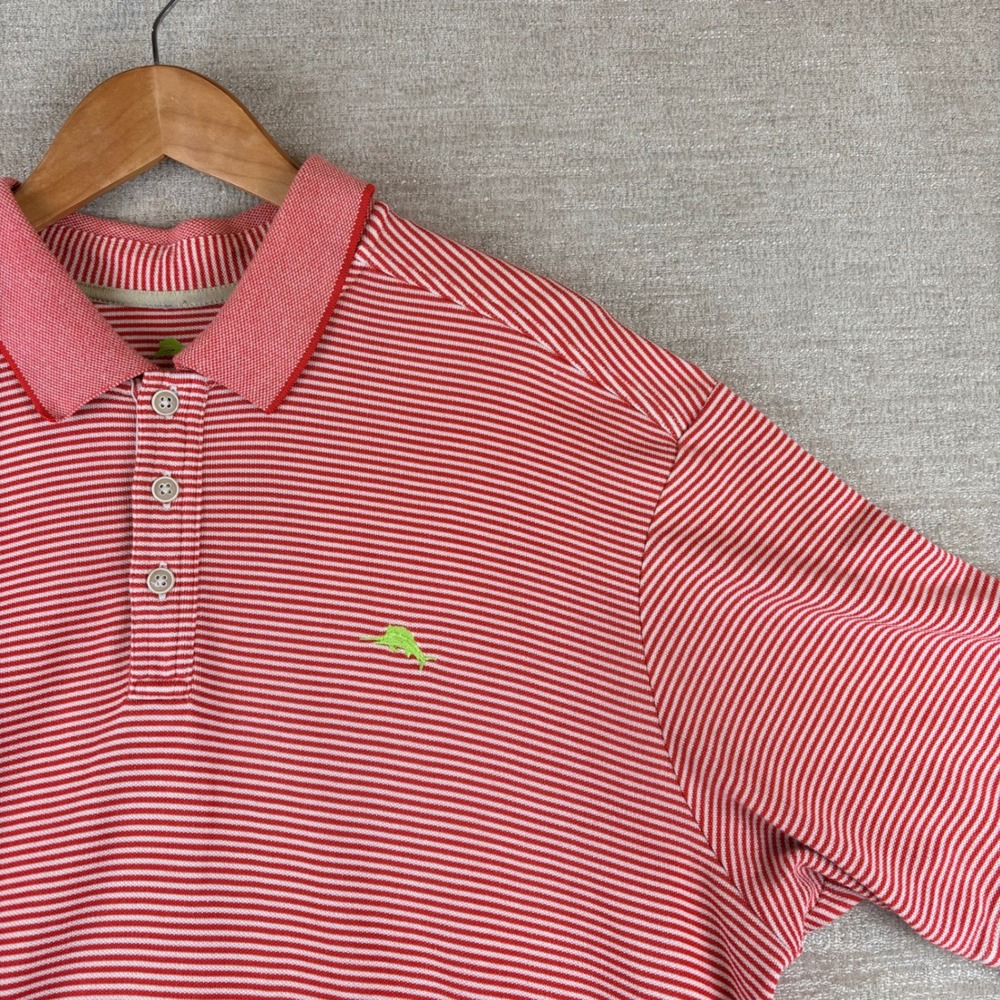 Tommy Bahama Mens XL Red Striped Short Sleeve 5 O'Clock Polo Shirt EUC Coastal
